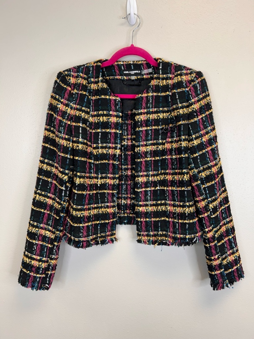 Karl Lagerfeld Multicolor Tweed Cropped Blazer Size 4 Luxury Designer Career - Picture 3 of 15